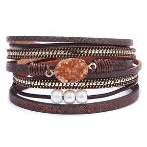 Bracelet Multicouche En Cuir Alliage Künstliche Perle D'imitation Pierre Druzy Fermoir Magnétique Style Bohème Mode Femme