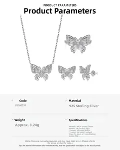 Detailed specs for S925 sterling silver butterfly jewelry set with 5A grade zircon stones