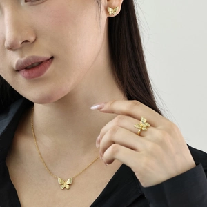 Exquisite S925 silver butterfly jewelry set including necklace, ring, and earrings for women