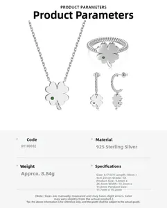 Detailed specs for 925 sterling silver clover jewelry set with green zircon stones