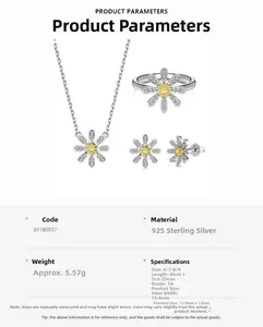 Detailed specs of S925 sterling silver daisy jewelry set with 5A cubic zirconia