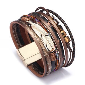 Bohemian multi-layer leather bracelet with golden feather charm and magnetic buckle