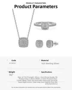 Detailed view of S925 sterling silver jewelry set featuring cushion cut 5A cubic zirconia