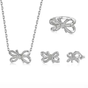 925 Sterling Silver Bow Knot Jewelry Set With Zirconia Inlaid Necklace Ring Earrings Elegant Women Fashion Jewelry Accessories