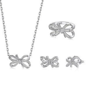 Sparkling S925 sterling silver bow jewelry set with necklace ring and stud earrings