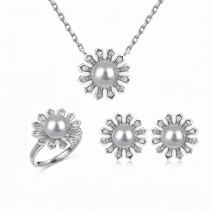 925 Sterling Silver Grey Artificial Pearl Sunflower Necklace Ring Earrings With Zircon Elegant For Women
