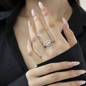 Close-up of heart-shaped S925 silver ring with clear zirconia worn by a model