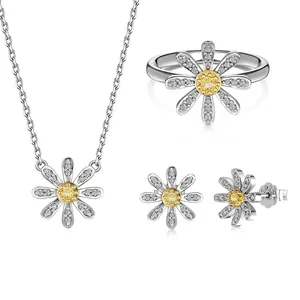 925 Sterling Silver Daisy Jewelry Set Zirconia Inlaid Necklace Earrings Ring Fresh Flower Style Elegant Jewelry For Women