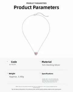Spécifications du collier cœur en argent S925 avec zircon rose et dimensions détaillées