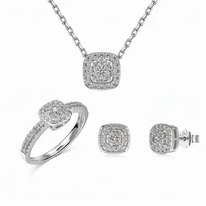 S925 Sterling Silver Jewelry Set For Women Square Cushion Halo Zirconia Inlaid Necklace Stud Earrings Ring Wedding Jewelry