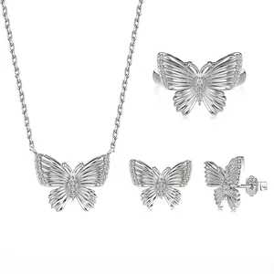 925 Sterling Silver Butterfly Jewelry Set Zirconia Inlaid Necklace Earrings Ring For Women Elegant Fashion Accessories