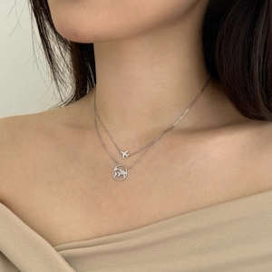 S925 Sterling Silver double layer necklace featuring airplane and world map pendants