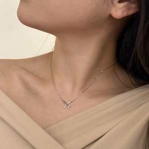 Close-up of S925 silver airplane necklace with zircon inlays on a model's collarbone