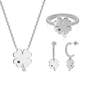 925 Sterling Silver Green Zirconia Four Leaf Clover Jewelry Set Elegant Luxury Clover Necklace Ring Earrings Jewelry Set For Women