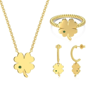 Elegant 925 sterling silver jewelry set featuring green clover necklace, ring and earrings