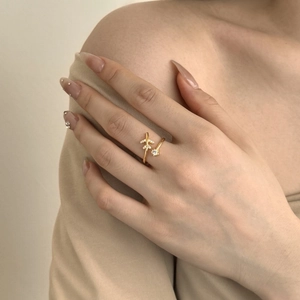 Detailed close-up of golden airplane and star ring with zircon inlay on model hand