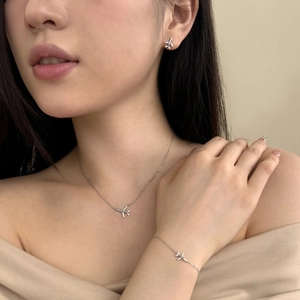 Close-up of S925 sterling silver airplane jewelry set with necklace and zircon earrings