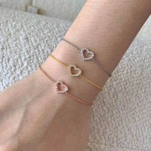 Three-piece set of minimalist hollow heart bracelets in silver, gold, and rose gold finish