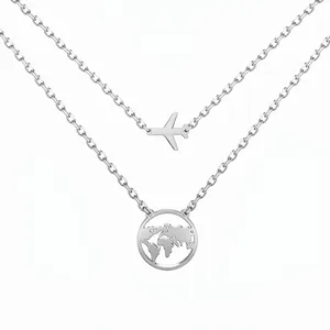 925 Sterling Silver Double Layer Necklace For Women Minimalist Airplane Pendant Hollow World Map Earth Travel Jewelry