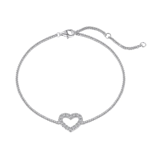 Elegant S925 sterling silver hollow heart bracelet with pavé zircons and wheat chain