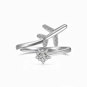 S925 Sterling Silver Airplane Star Open Ring For Women Minimalist Adjustable Zirconia Inlaid Commute Jewelry Finger Ring Gift