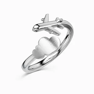 925 Sterling Silver Airplane Cloud Heart Open Ring Minimalist Adjustable Airplane Ring For Women Travel Jewelry Gift
