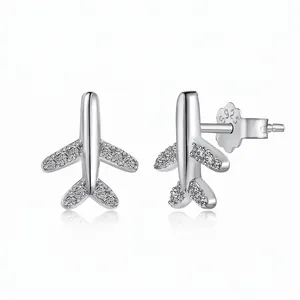 925 Sterling Silver Airplane Stud Earrings For Women Tiny Aircraft Zirconia Inlaid Gold Silver Plated Fashion Jewelry