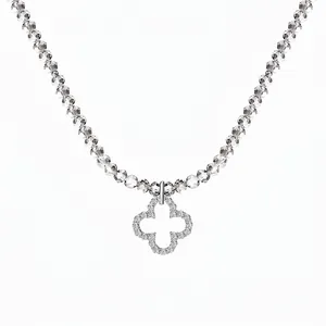 925 Sterling Silver Hollow Clover Pendant Necklace Gray Artificial Crystal Beaded Chain Rhinestone Inlaid Clavicle Chain For Women