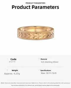 Macro detail of 925 sterling silver ring with gold wheat pattern engraving and 4.27g weight