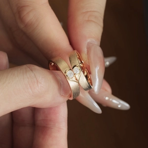 S925 Sterling Silver couple rings with heart puzzle design and brushed gold finish