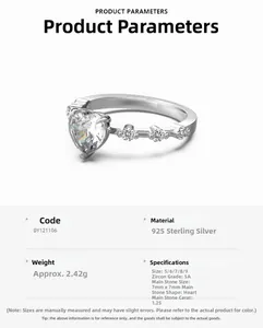 Detailed chart showing 925 sterling silver heart ring specifications and 5A zircon parameters