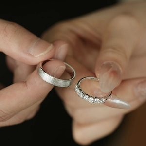Minimalist S925 sterling silver couple rings with brushed texture and pavé set diamonds