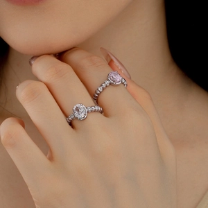 Elegant S925 sterling silver oval zircon rings with bubble texture band for women