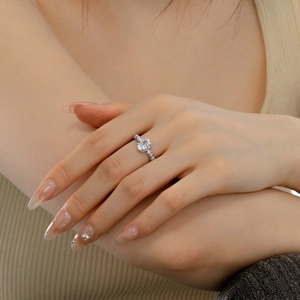 Close-up of S925 silver ring featuring a large oval zircon on a model's finger