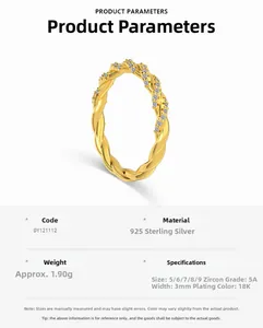 Tableau des tailles et spécifications détaillées pour bague en argent s925 et zircon