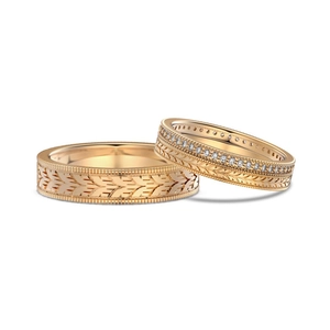 Elegant rose gold S925 silver couple rings with wheat pattern and sparkling zircon stones