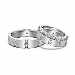 925 Sterling Silver Ring Geometric Crown Design Matte Finish Rhinestone Inlaid Fashion Jewelry Couple Rings For Men Women Gift