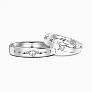Minimalist 925 Sterling Silver Couple Rings For Men Women Matte Finish Zirconia Inlaid Engagement Wedding Band Jewelry Gift