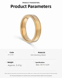 Detailed product parameters of brushed S925 sterling silver ring with golden finish