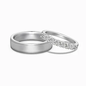 S925 Sterling Silver Couple Rings For Women Men Frosted Matte Band Ring Pave Rhinestone Engagement Wedding Jewelry
