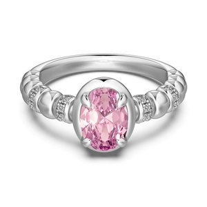 French style S925 silver ring with oval pink zircon and decorative beaded band