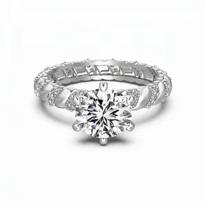 925 Sterling Silver Twisted Pave Rhinestone Ring For Women Round Brilliant Cut Wedding Engagement Fashion Finger Ring Jewelry