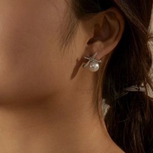 S925 sterling silver bow knot pearl earrings with micro-inlaid cubic zirconia stones