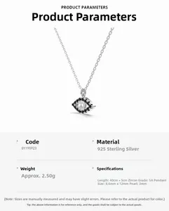Detail specifications and macro view of s925 sterling silver evil eye shell pearl necklace