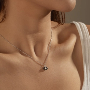 S925 sterling silver evil eye necklace with pearl and zircon inlay on female neck