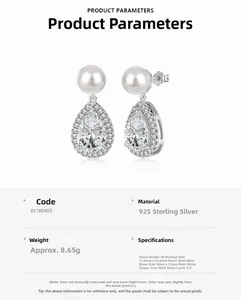 Detail view of 925 silver pear-shaped zircon drop earrings with shell pearls