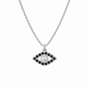 925 Sterling Silver Evil Eye Pendant Necklace With White Shell Artificial Pearl And Black Zircon Clavicle Chain For Women Jewelry