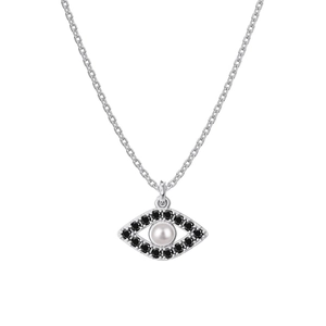 S925 sterling silver evil eye necklace with black zircon and central white pearl