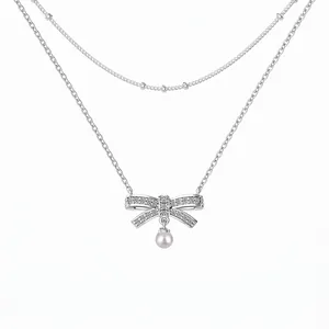 925 Sterling Silver Double Layered Necklace Bowknot Cubic Zirconia Shell Artificial Pearl Pendant Women Elegant Fashion Jewelry