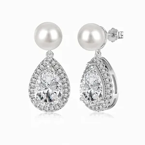 Pear Shape Zirconia Halo Dangle Earrings With 925 Sterling Silver Earring Post And Shell Artificial Pearl Elegant Women Jewelry